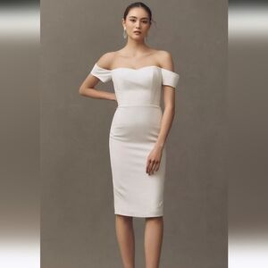 DRESS THE POPULATION Bailey Off The Shoulder Midi Dress. Off White. Size Small